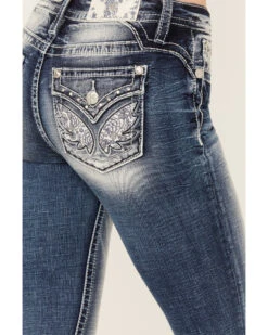 Miss Me Women's Dark Wash Mid Rise Floral Paisley Winged Stretch Bootcut Jeans