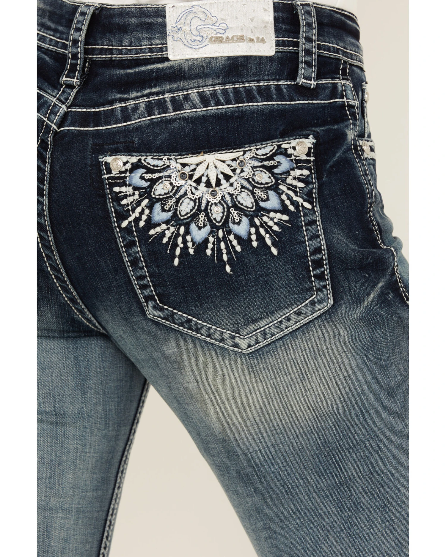 Grace In LA Women's Mid Rise Sequins Embroidered Pocket Bootcut Jeans - Image 2