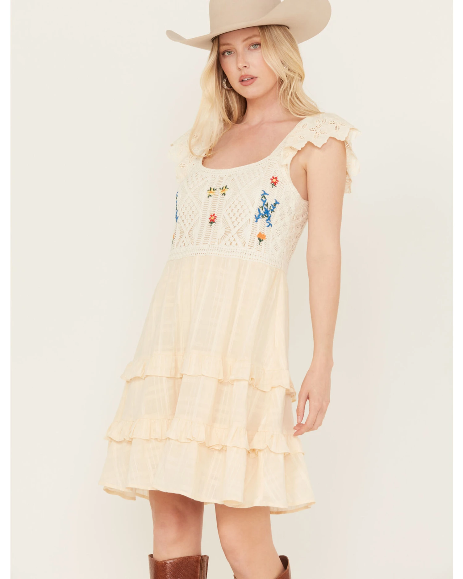 Miss Me Women's Floral Crochet Flutter Sleeveless Tier Mini Dress - Image 3