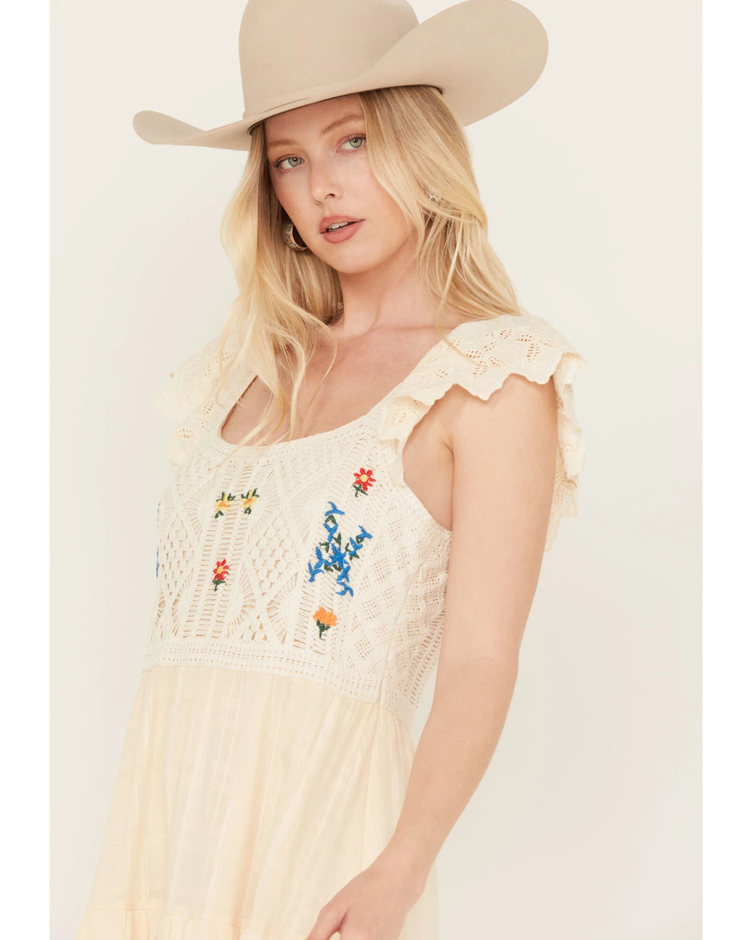 Miss Me Women's Floral Crochet Flutter Sleeveless Tier Mini Dress - Image 4