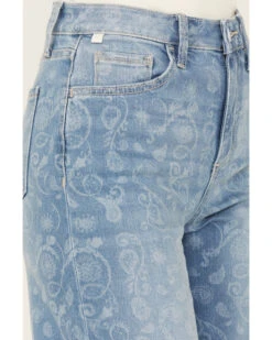 Ceros Women's Medium Wash High Rise Paisley Printed Wide Leg Straight Stretch Jeans