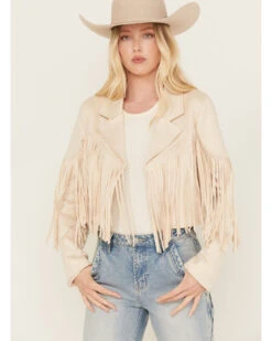 Saints & Hearts Women's Faux Suede Cropped Fringe Jacket